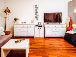 a living room with a couch and a tv at Wohnen im Herzen von Wien in Vienna