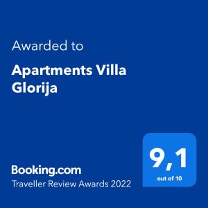 Certifikat, nagrada, logo ili neki drugi dokument izložen u objektu Apartments Villa Glorija
