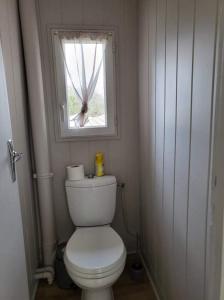 uma casa de banho com um WC branco e uma janela em La Maison des Martinettes em Étauliers