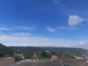 una persona sentada en un tejado mirando las montañas en Weitblick, en Bad Harzburg