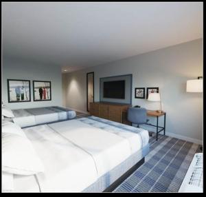 a bedroom with two beds and a flat screen tv at AmericInn by Wyndham New Braunfels in New Braunfels