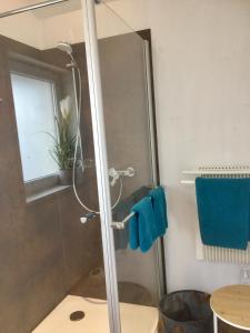 Emma في Burladingen: دش مع مناشف زرقاء في الحمام