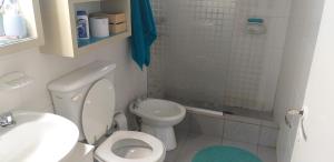 uma pequena casa de banho com WC e chuveiro em Habitación en casa em San Carlos de Bariloche