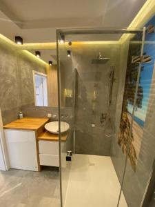 a bathroom with a glass shower and a sink at APARTAMENT AURA RYBAKI in Gdańsk