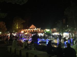 a group of people sitting around a fountain at night at Sanja Accomodation in Soko Banja +56 photos