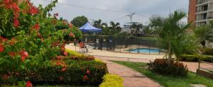 a garden with flowers and a swimming pool at SUPER APARTAMENTO AMOBLADO in Neiva