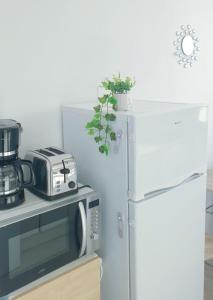 een keuken met een magnetron en een koelkast bij Chambre privée avec clé, WIFI dans appartement (SDB, WC, Cuisine, partagés) in Juvisy-sur-Orge