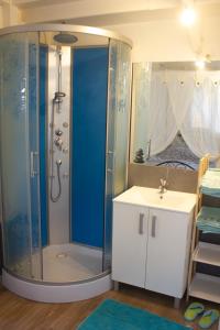 een badkamer met een douche en een wastafel bij Les Bougainvilliers Tropicaux in Sans Pareil