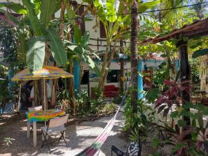 サマラにあるCabinas del Marのハンモック、テーブル、椅子付きの庭園