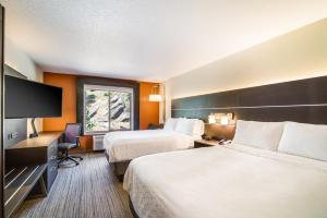 Holiday Inn Express & Suites Custer-Mt Rushmore في كاستر: غرفة فندقية بسريرين وتلفزيون بشاشة مسطحة