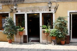 a hotel building with potted plants in front of the door at Hotel Malibran in Venice