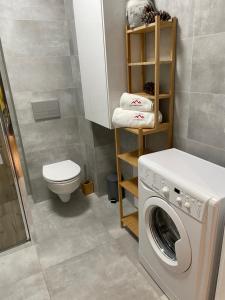 łazienka z pralką i toaletą w obiekcie Apartament Na Górce, sauna & jacuzzi w Szczyrku