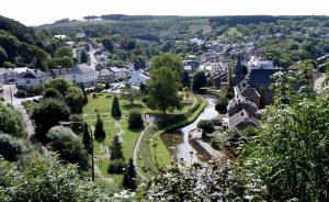 uma vista para uma cidade com um rio e casas em Fairie's Little House em Houffalize