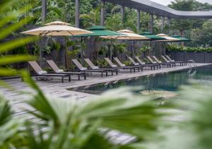 a row of lounge chairs with umbrellas next to a pool at Fraser Residence Hanoi in Hanoi