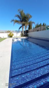 una piscina junto a una playa con palmeras en Casa de sueños Benasha, en Deltebre