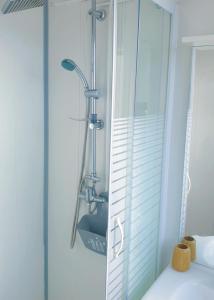 La salle de bains est pourvue d'une douche et d'une paroi en verre. dans l'établissement Paris 12mn, Orly 10mn Superbe chambre privée, à Juvisy-sur-Orge