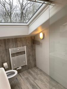 a bathroom with a toilet and a window at Haags Duinhuis - familyfriendly holidayhome in The Hague