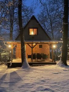 uma cabana na floresta com neve no chão em Kedvesem Noszvaj em Noszvaj