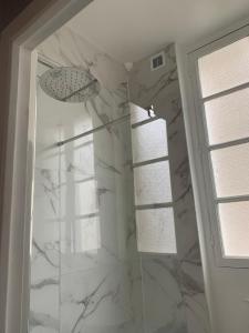 a bathroom with a shower with marble walls and a window at Charming Eiffel Tower Appartement in Paris