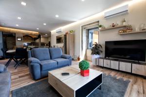Una sala de estar con un sofá azul y un televisor. en Quinta dos Fangueiros, en Riba de Âncora