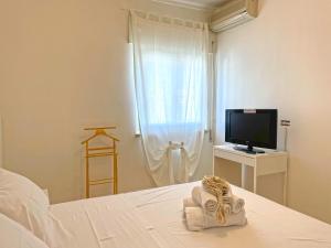 a bedroom with a bed with a television and a towel at Appartamento Indipendente al Mare Sweet Apartments in Santa Marinella
