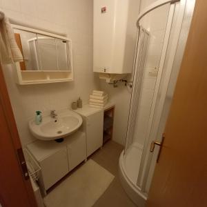 bagno bianco con lavandino e doccia di Apartmán Sven a Rokytnice nad Jizerou