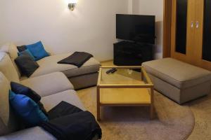 a living room with a couch and a tv at House, Oberwiesenthal in Kurort Oberwiesenthal