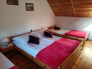 two beds in a room with wooden floors at Mala Chatka in Wetlina