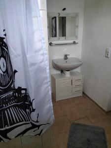 a bathroom with a sink and a shower curtain at Ferienwohnung im alten Bahnhof in Tribsees