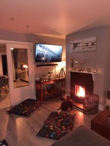 a living room with a fireplace and a flat screen tv at Ballyhack by the Sea in Arthurstown