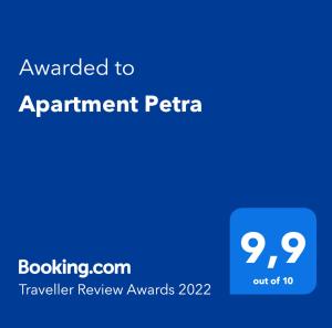 een blauw scherm met de tekst toegekend aan aanstelling peteria bij Apartment Petra in Split