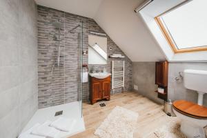 a bathroom with a shower and a toilet and a sink at Cinege Vendeghaz/Casa de oaspeți Pițigoi in Izvoare +42 photos