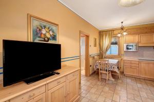 a living room with a large flat screen tv at Chalet Betty Appartamento Pec in Livigno