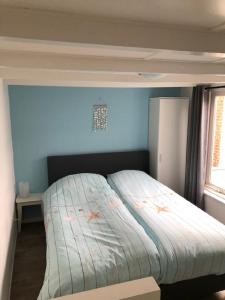 1 cama en un dormitorio con una pared azul en Kingstreet Cottage, en Zandvoort
