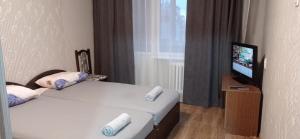 a bedroom with a bed and a tv and a window at Василя Стуса 10/77 City Rooms in Bila Tserkva