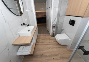 ein Badezimmer mit einem WC, einem Waschbecken und einem Spiegel in der Unterkunft Apartamenty Piano in Świeradów-Zdrój