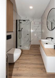 a bathroom with a shower and a toilet and a sink at Apartamenty Piano in Świeradów-Zdrój
