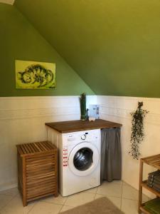eine Waschmaschine in einem Zimmer mit grüner Decke in der Unterkunft Gemütliche 1 12-Zimmer Wohnung in Hoisdorf