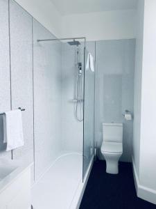 a bathroom with a glass shower and a toilet at The Portmann Hotel in Kilmarnock