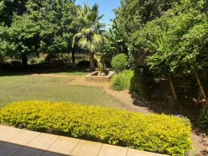 einen Garten mit einer Statue inmitten einiger Büsche in der Unterkunft Mimosa Self-Catering Studio Durbanville in Durbanville