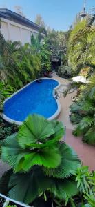 a swimming pool in a garden with palm trees at Khaolak 2K Pool Villa in Khao Lak