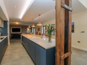 a large kitchen with blue cabinets and a counter top at Stackyard in Durham