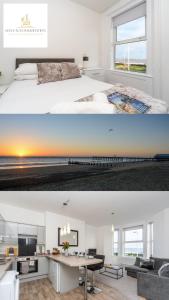 een slaapkamer en een woonkamer met een bed bij Sea Views Stunning 2 Bedroom Apartment # in Lowestoft