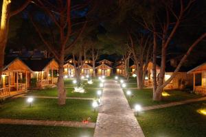 una fila di cottage con luci notturne di Pino Mar Luxury Bungalows a Erdek