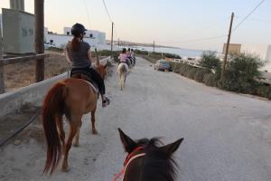 a group of people riding horses down a road at Fyrogenis palace in Ambelas