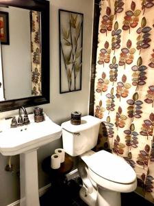 a bathroom with a toilet and a sink and a mirror at The Oasis in Clinton