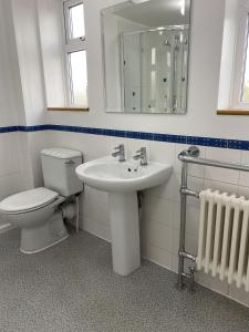 Stansted Airport Guest Rooms في بيشوبس ستورتفورد: حمام مع مرحاض ومغسلة ومرآة
