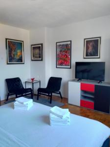 a living room with a tv and a table and chairs at ART STUDIO Airport Zagreb in Velika Gorica