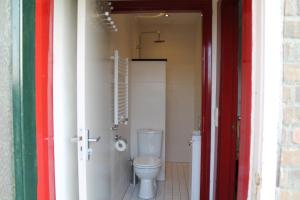 a bathroom with a white toilet in a room at boerderij de duinen 115 in De Cocksdorp