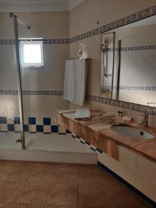 a bathroom with a sink and a shower at Hotel O Gato - Edificio Standard in Odivelas
